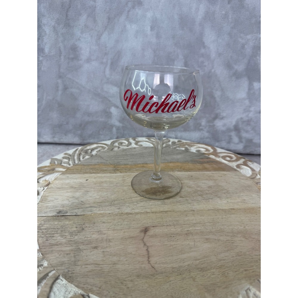 Vintage‎ Michaels Restaurant Souvenir Balloon Wine Glass Clear Red Logo Stemmed